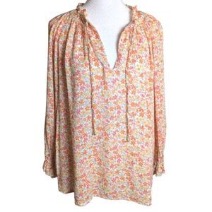 Cynthia Rowley Pink & Coral Orange Crinkle Gauze Long Sleeve Peasant Blouse M